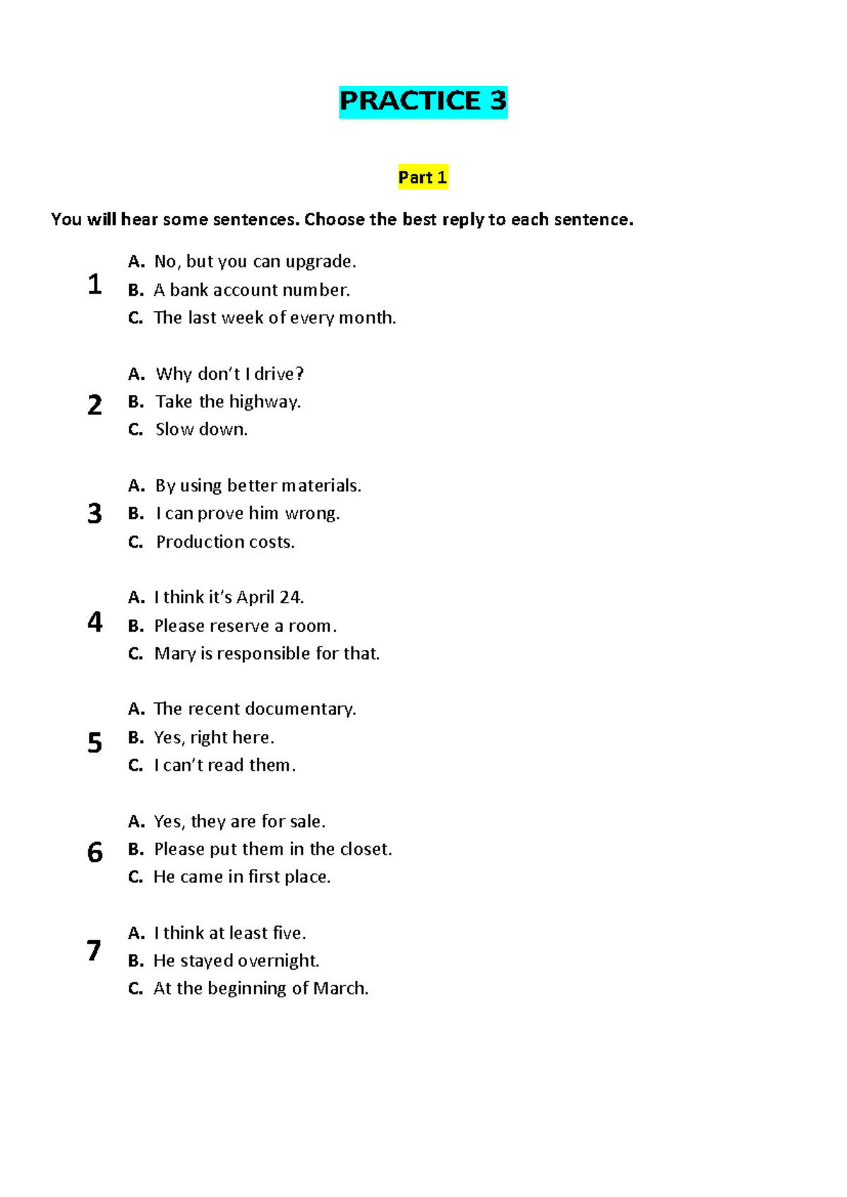 Practice 3: Listening Comprehension Exercises and Answers - Studocu