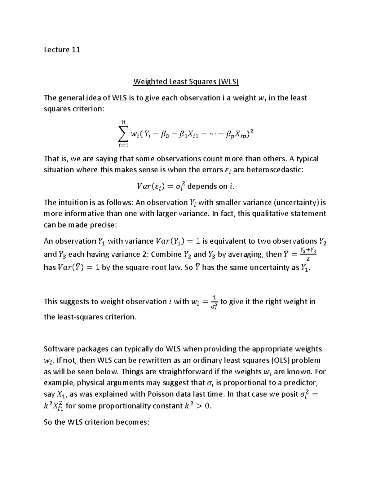 Weighted Least Squares (WLS) - Lecture 11 Summary & Key Concepts - Studocu