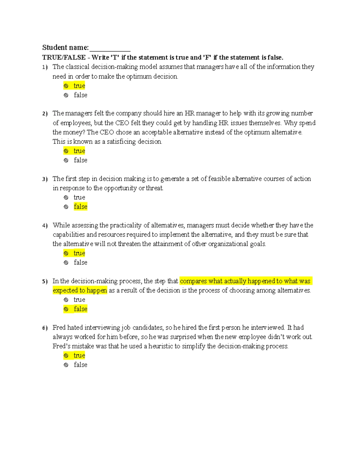 Chapter 4: True/False and Multiple Choice Questions Review - Studocu