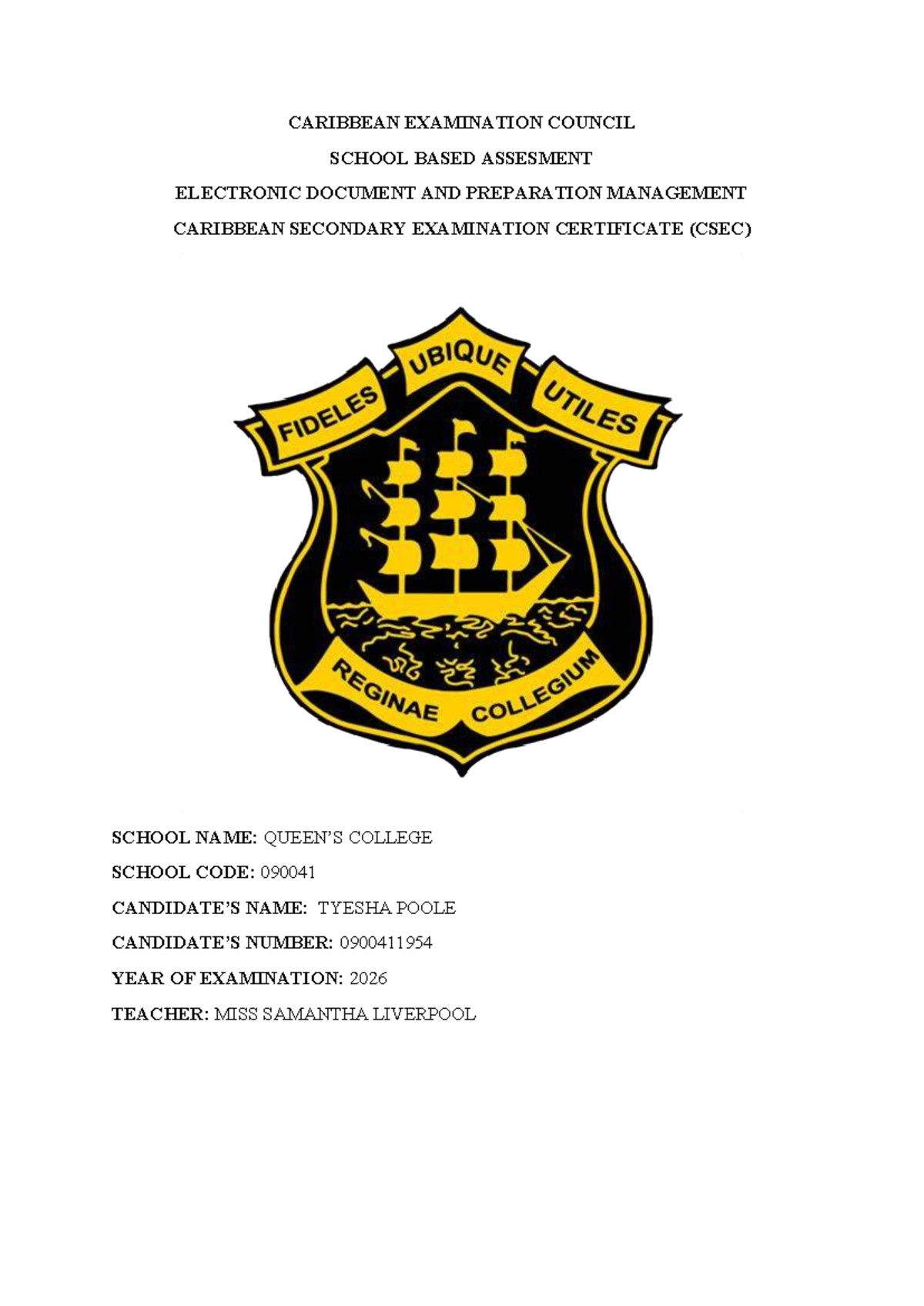 CSEC EDPM Portfolio: Tyesha Poole's School-Based Assessment 2026 - Studocu
