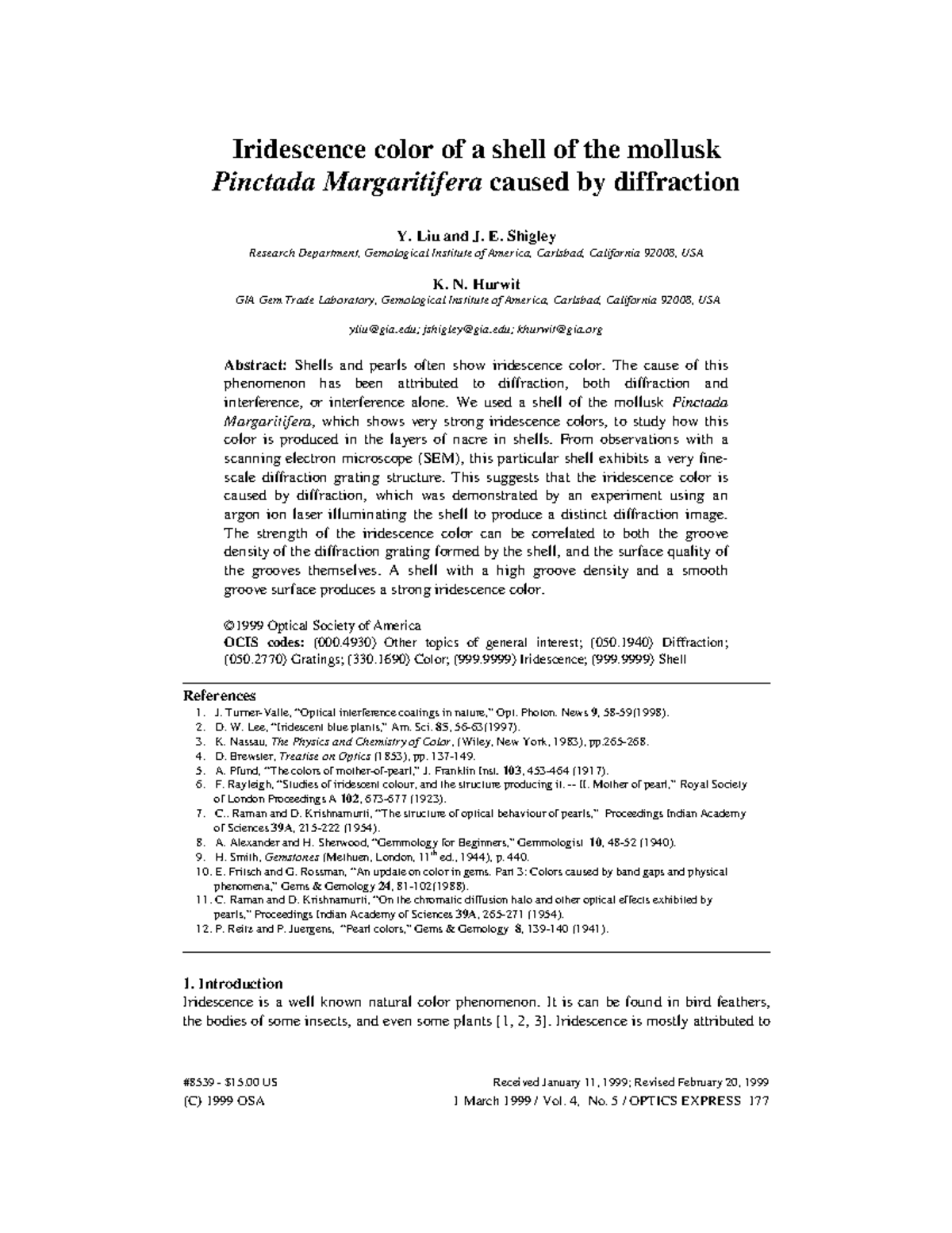 Iridescence Color and Diffraction in Pinctada Margaritifera Shells ...
