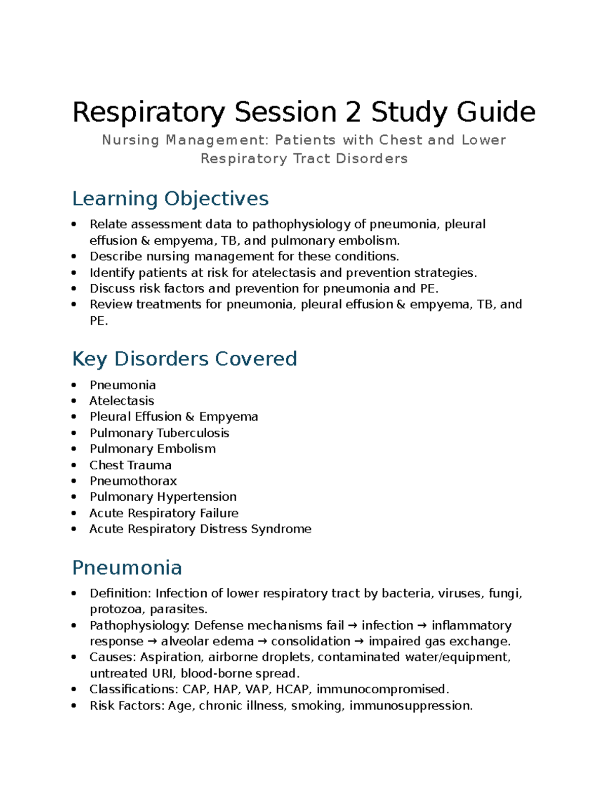NUR 302 Respiratory Disorders Study Guide: Key Concepts & Nursing Care ...