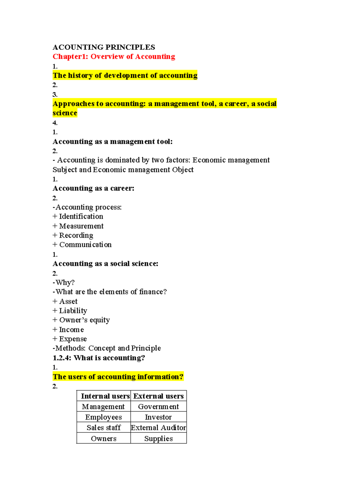 ACCT 101: Chapter 1 & 2 Overview of Accounting Principles and Elements ...