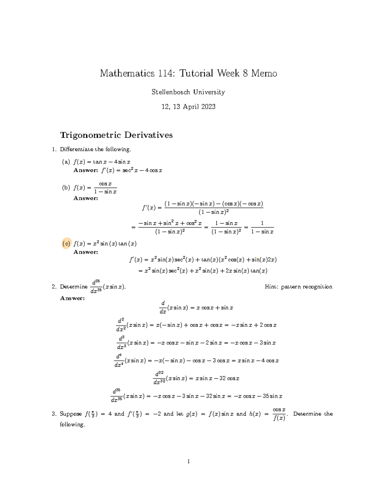Tut 8 Memo - Tut - Mathematics 114: Tutorial Week 8 Memo Stellenbosch ...