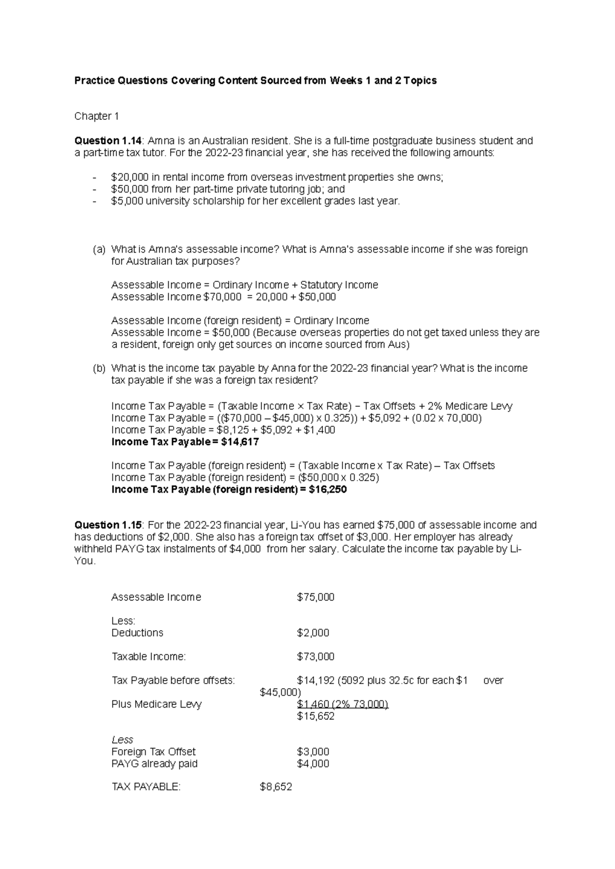 Practice Questions - Taxation Topics for Weeks 1 & 2 (Course Code ...