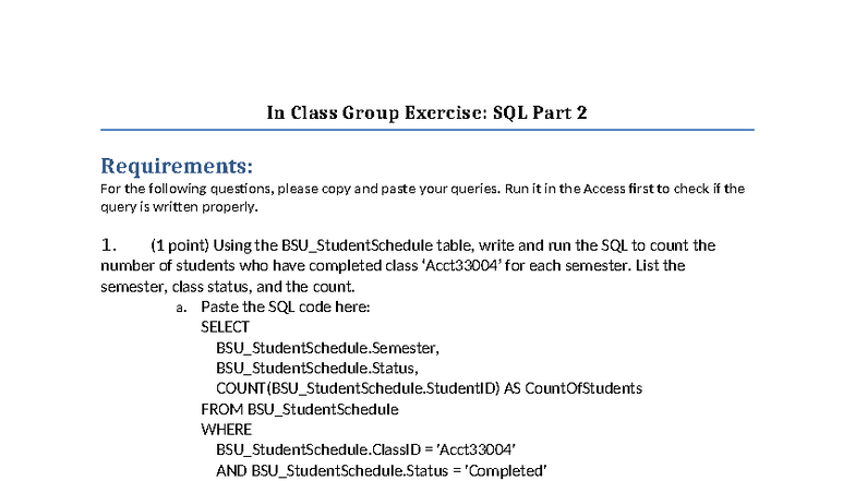 In Class Group Exercise: SQL Part 2 Instructions - Studocu