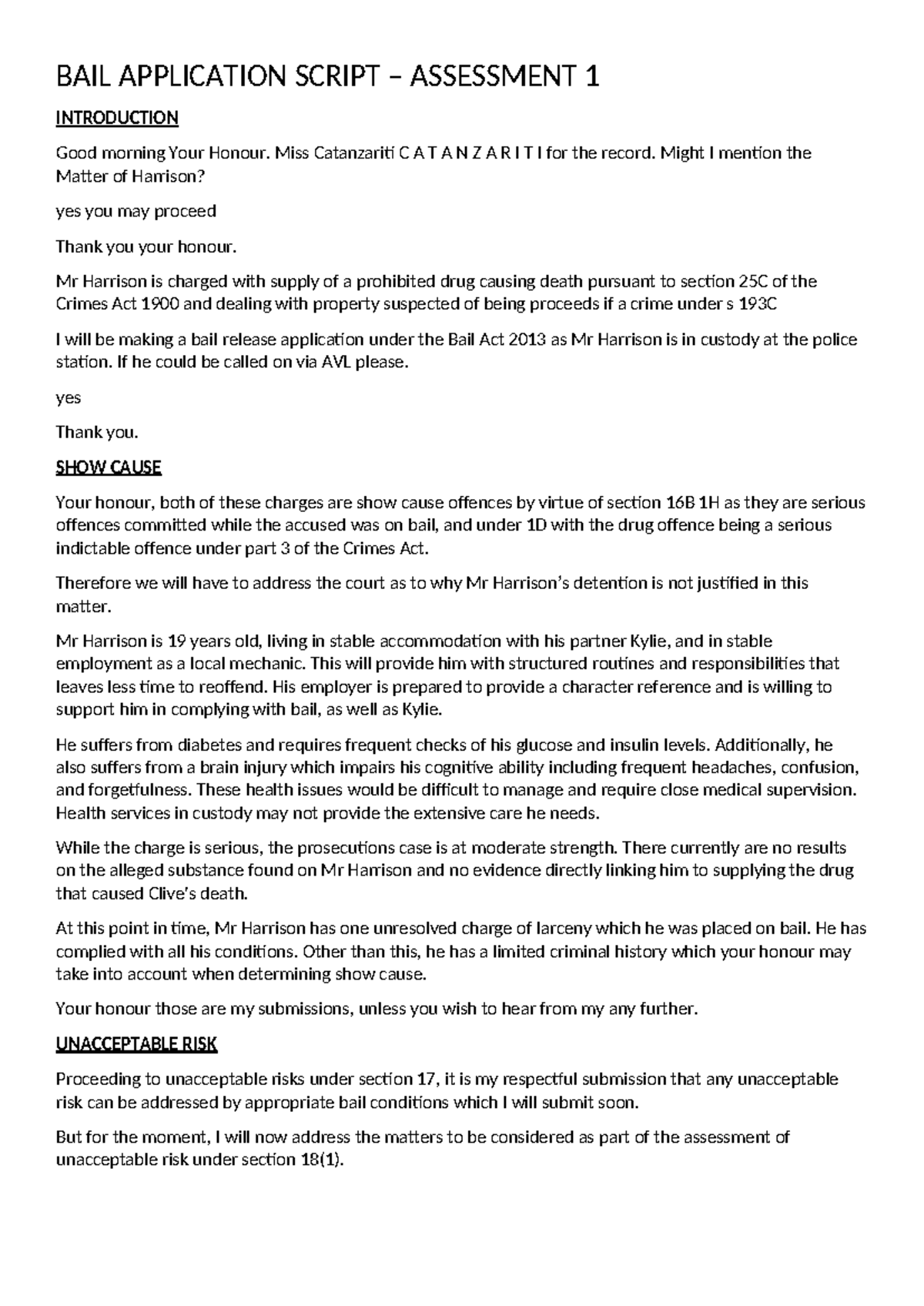 BAIL APPLICATION SCRIPT ASSESSMENT 1: HARRISON CASE ANALYSIS - Studocu