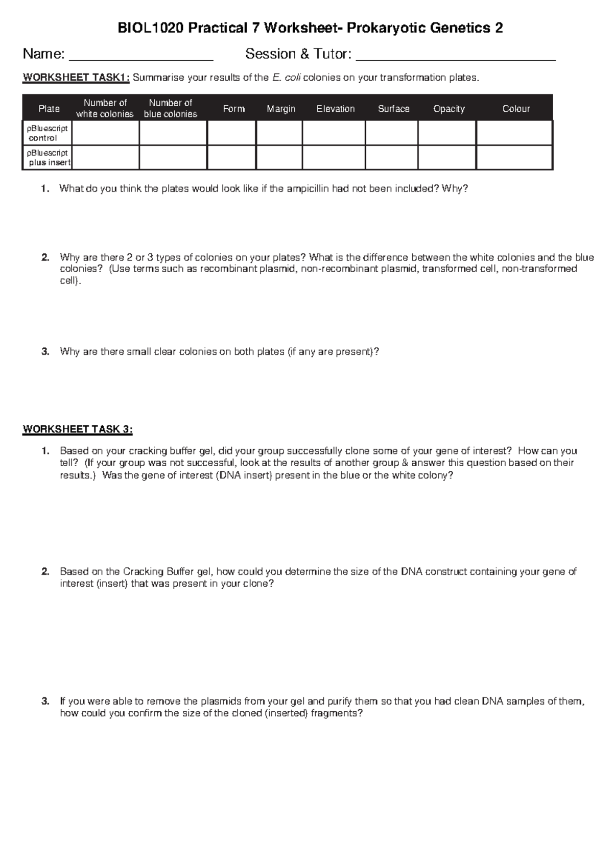 BIOL1020 Practical 7 - E. coli Transformation & Cloning Worksheet - Studocu
