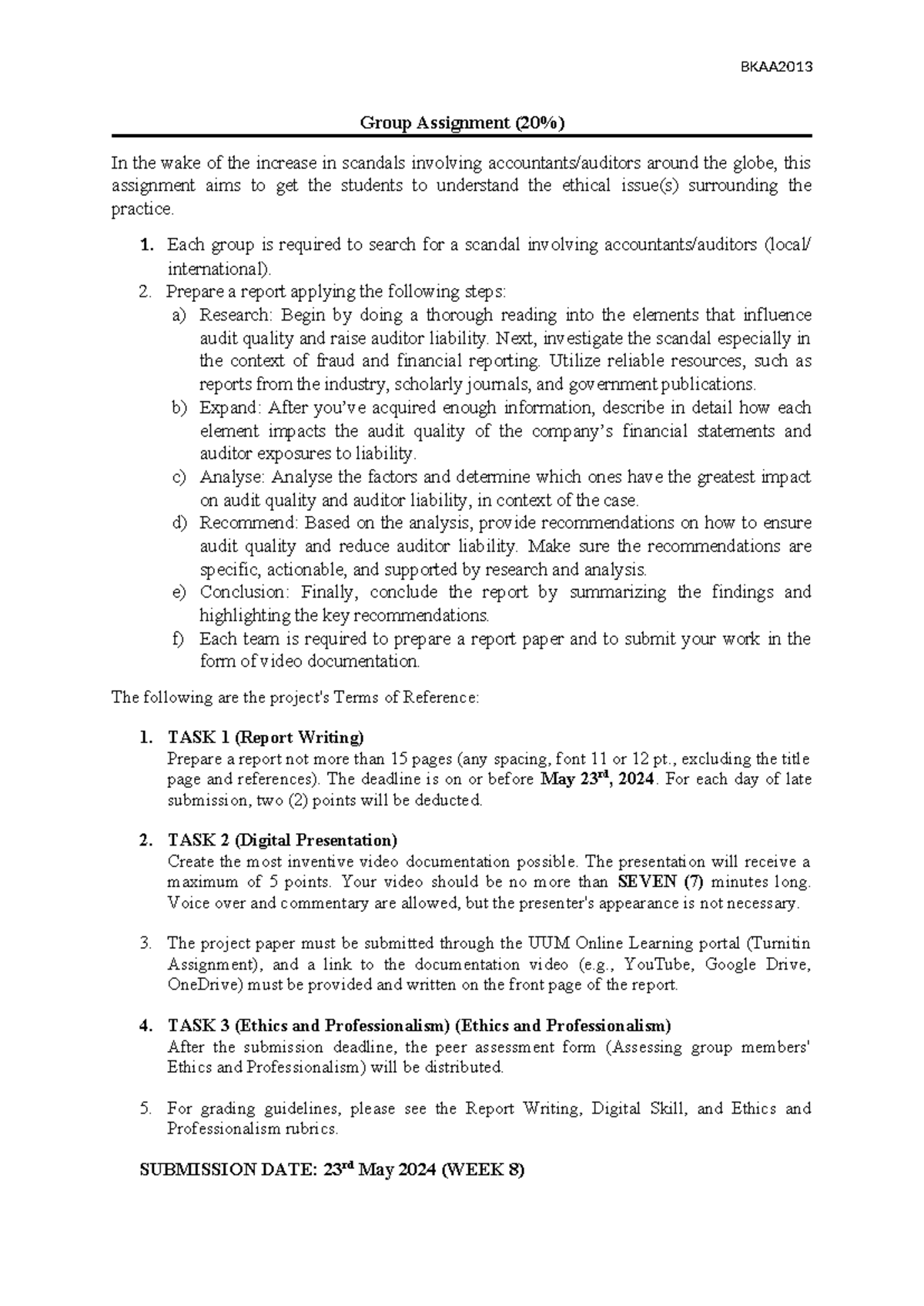 Group Assignment Report on Auditor Scandals - BKAA2013 A232 - Studocu
