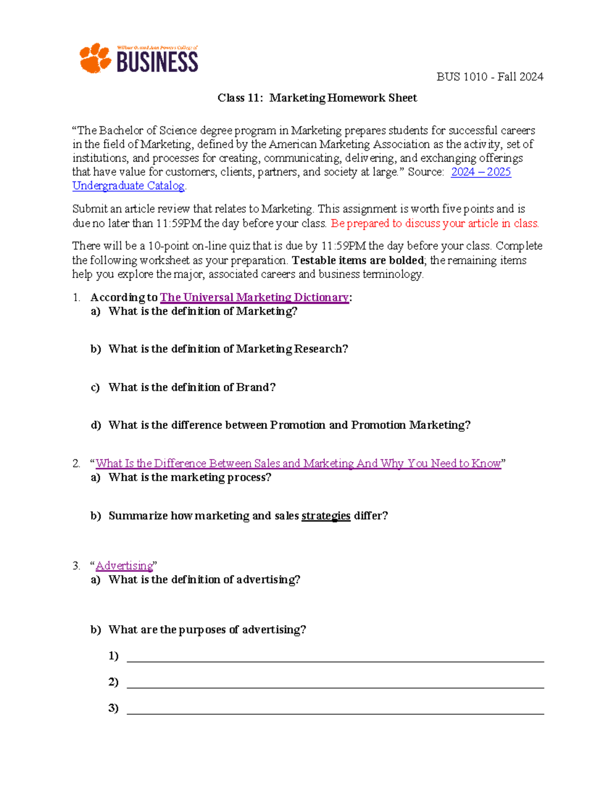 Class 11 MKT Homework Sheet: Key Concepts & Quiz Prep - Fall 2024 - Studocu