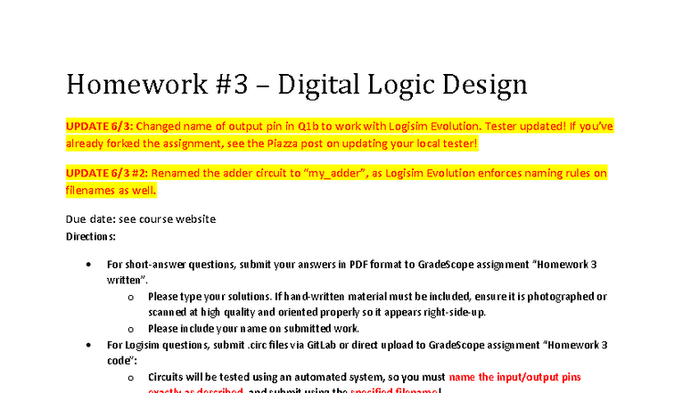 Homework 3 - Digital Logic Design Updates & Instructions - Studocu
