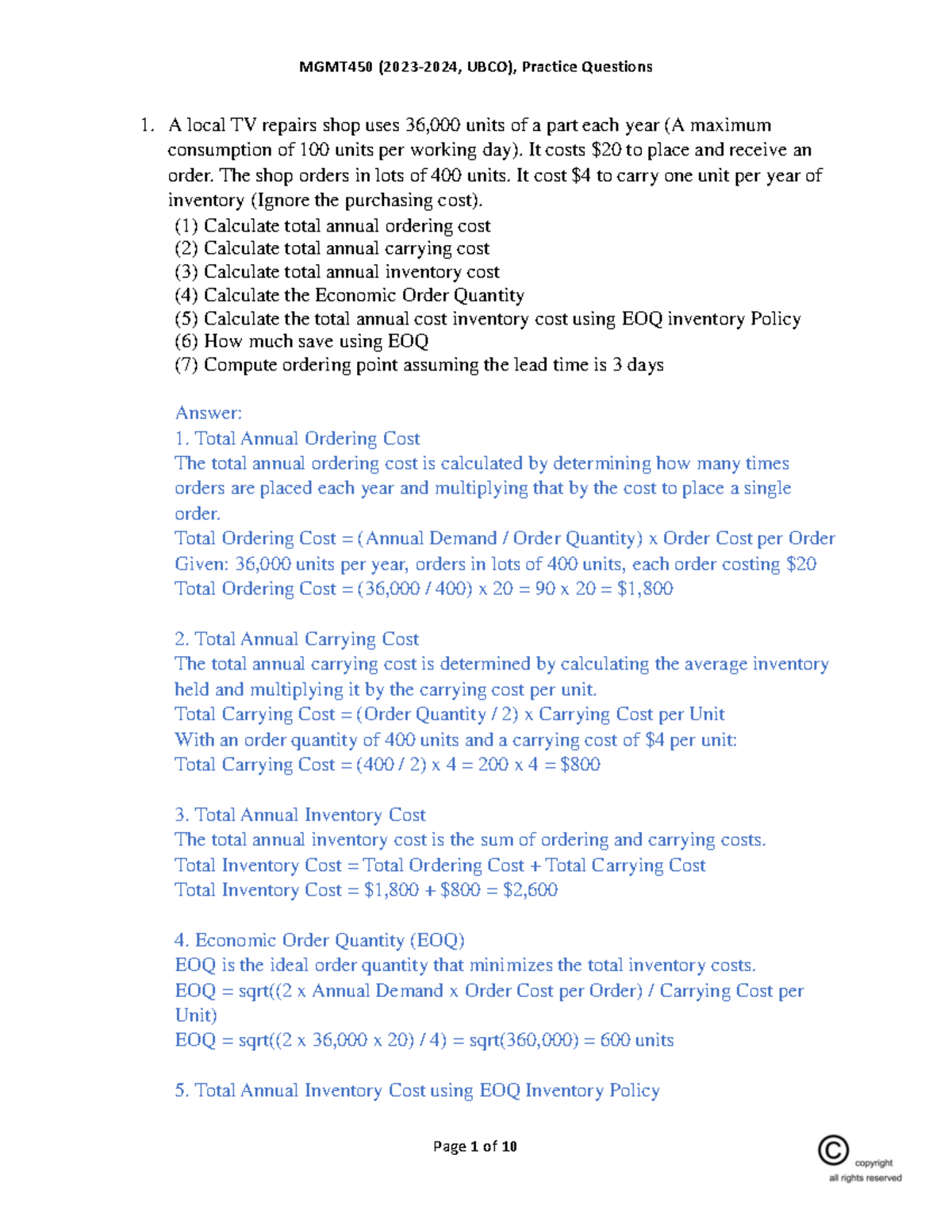 MGMT450 UBCO: Final Exam Practice Questions and Solutions - Studocu