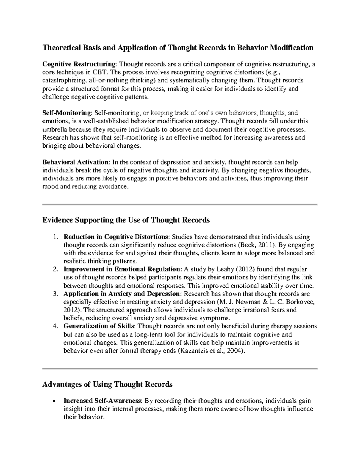 Thought Records in Behavior Modification - Theoretical Basis and ...