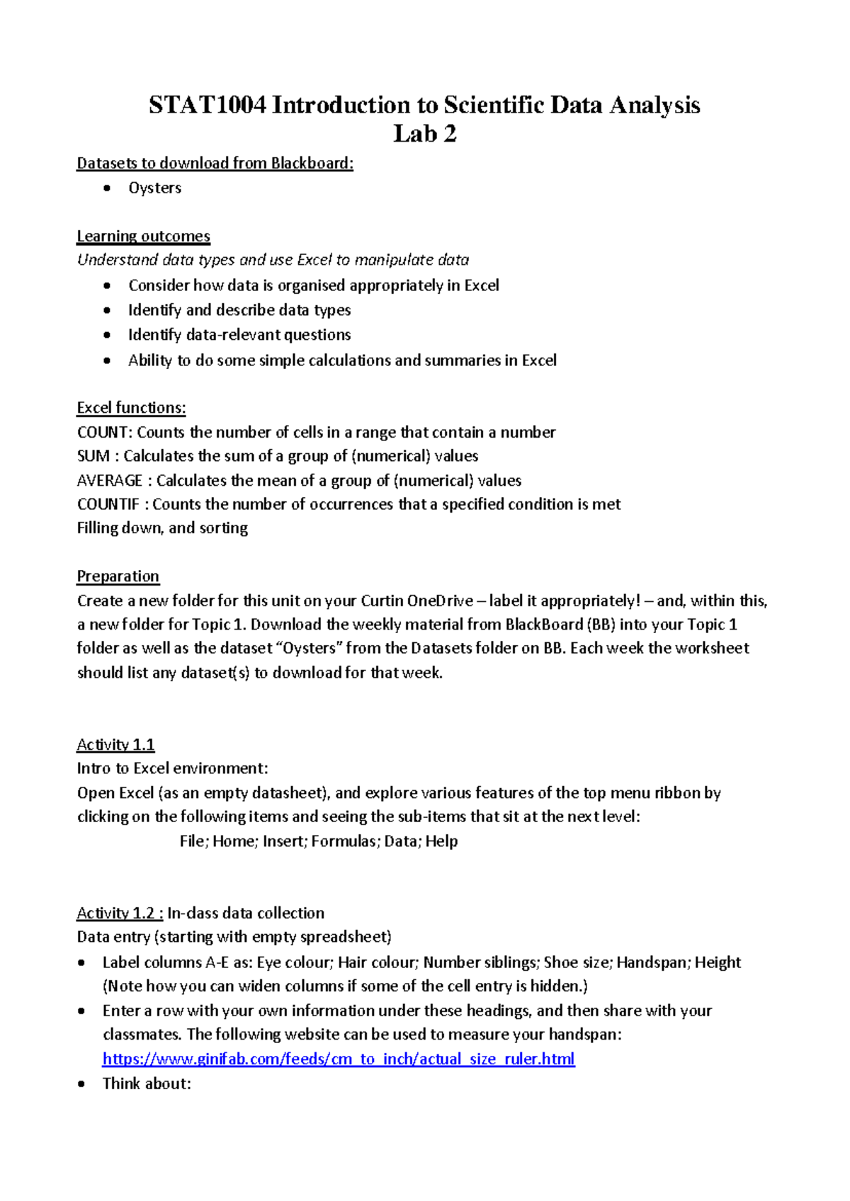 STAT1004 Lab 2 - Intro to Scientific Data Analysis with Excel - Studocu