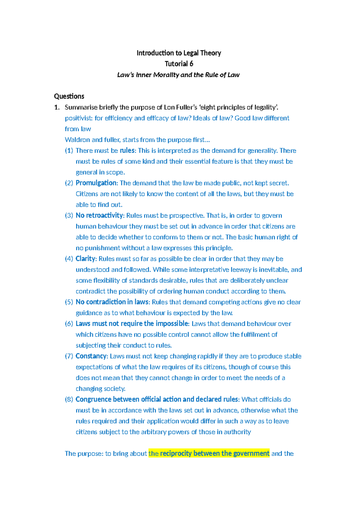 Legal Theory Tutorial 6: Inner Morality & Rule of Law Analysis - Studocu
