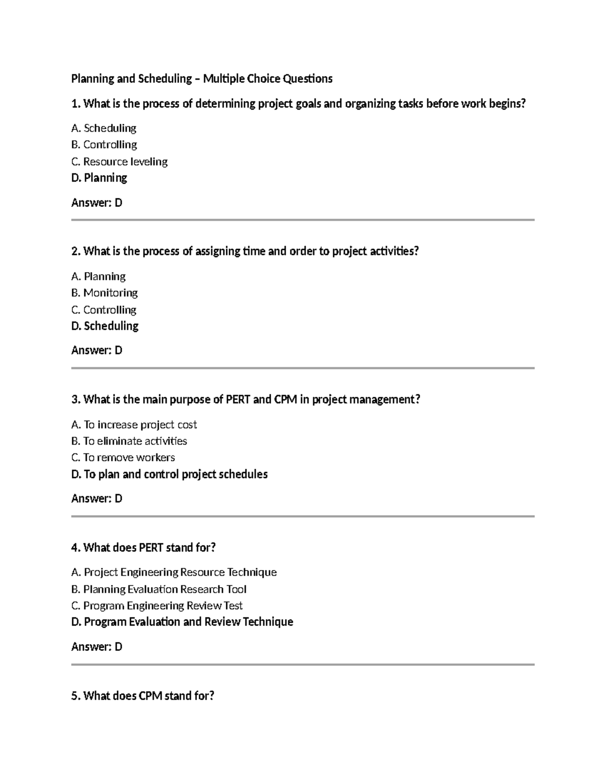 Planning and Scheduling MCQs for Course Group 3 - Studocu