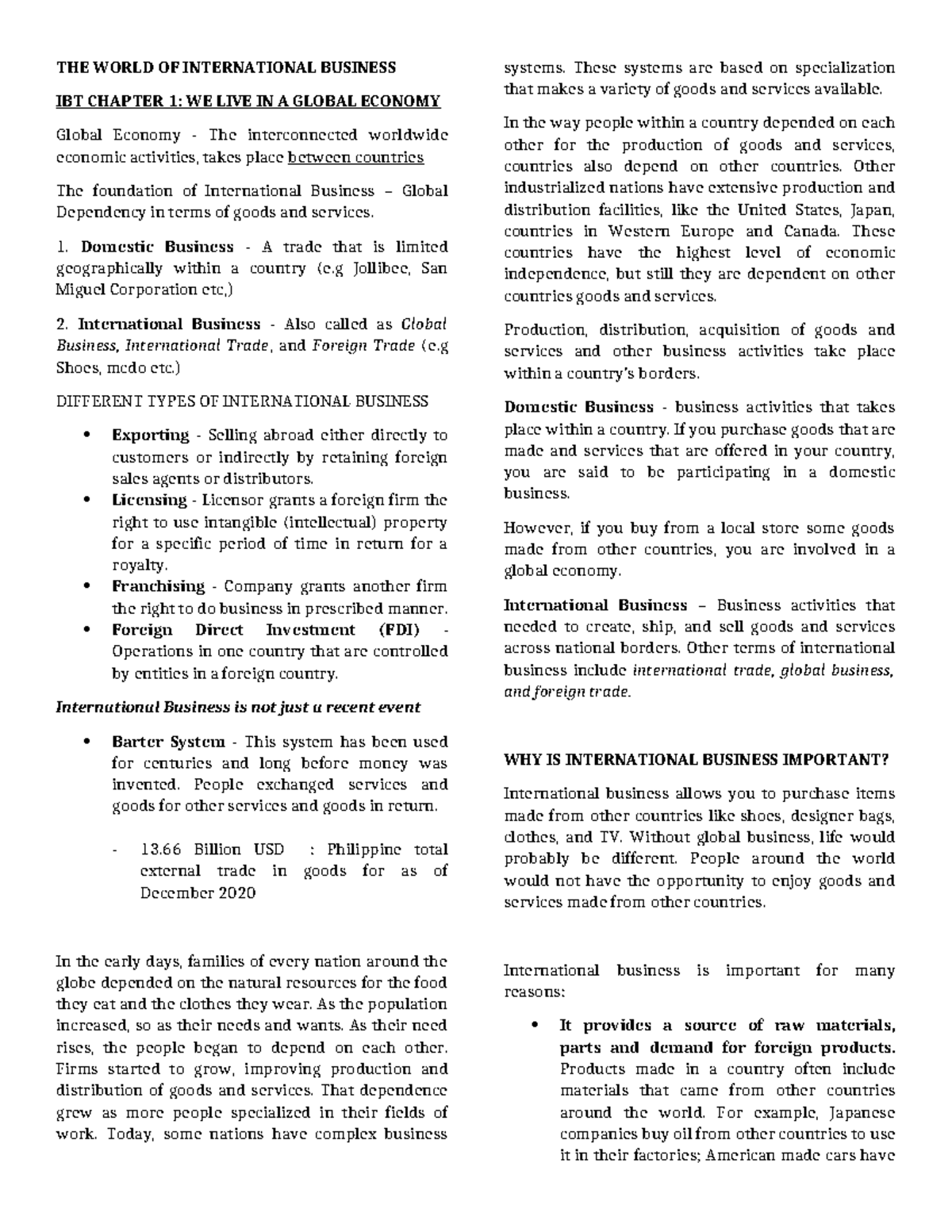 Chapter 1 Notes - THE WORLD OF INTERNATIONAL BUSINESS IBT CHAPTER 1: WE ...