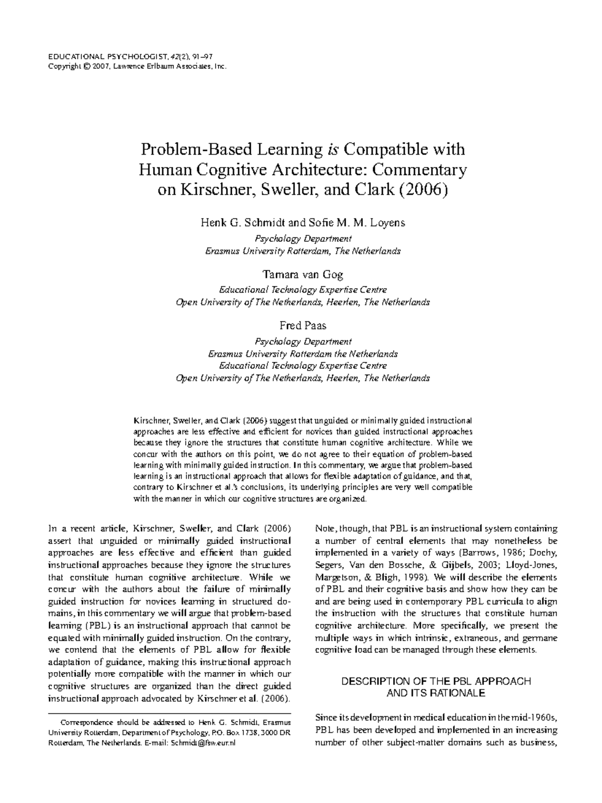 EDUCATIONAL PSYCHOLOGY P2: Commentary on PBL and Cognitive Load - Studocu