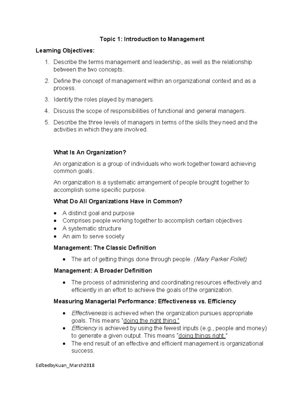 MGT162 - Topic 1 Lecture Notes: Introduction to Management Concepts ...