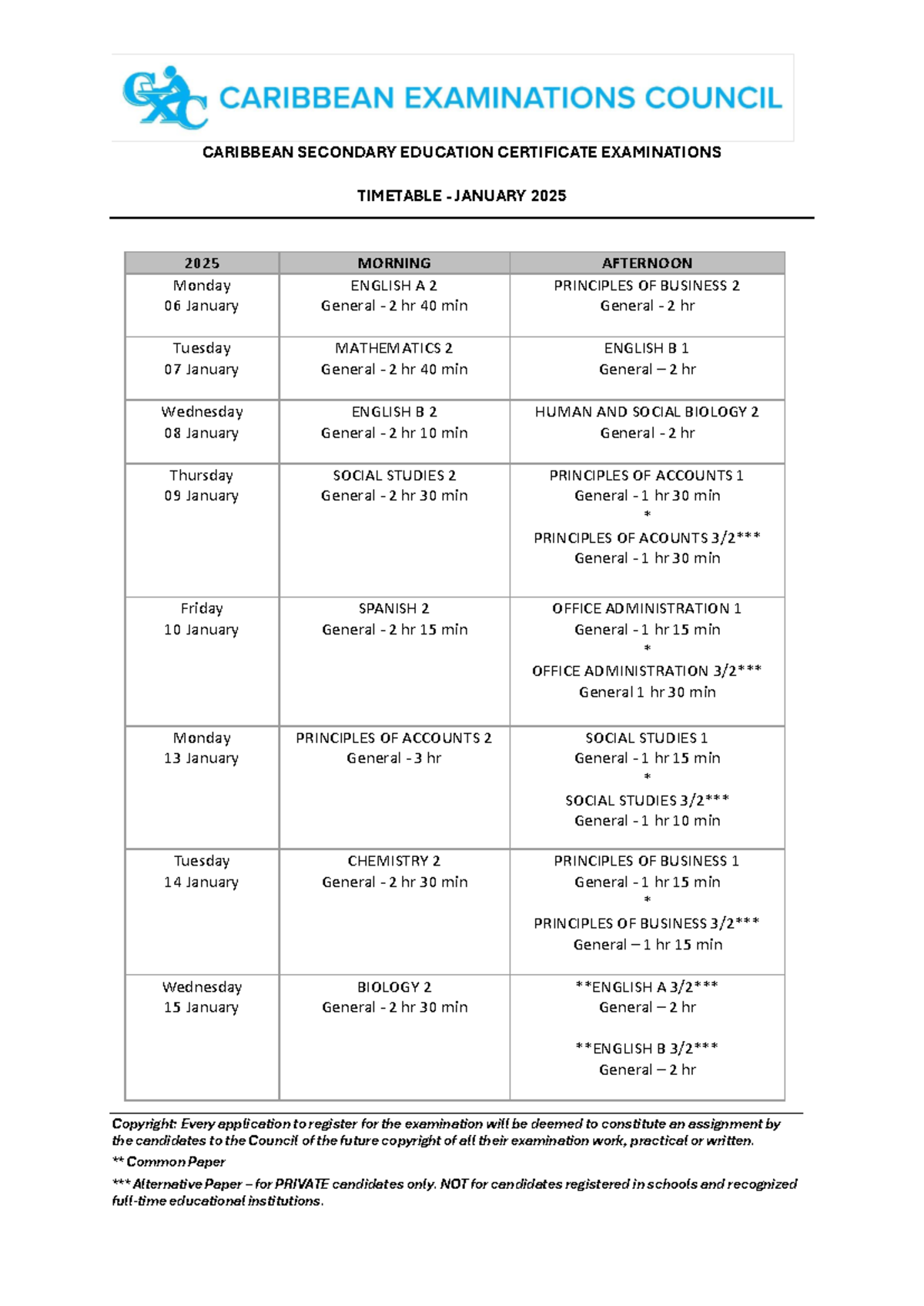 CSEC JAN 2025 EXAM TIMETABLE - FINAL VERSION - Studocu