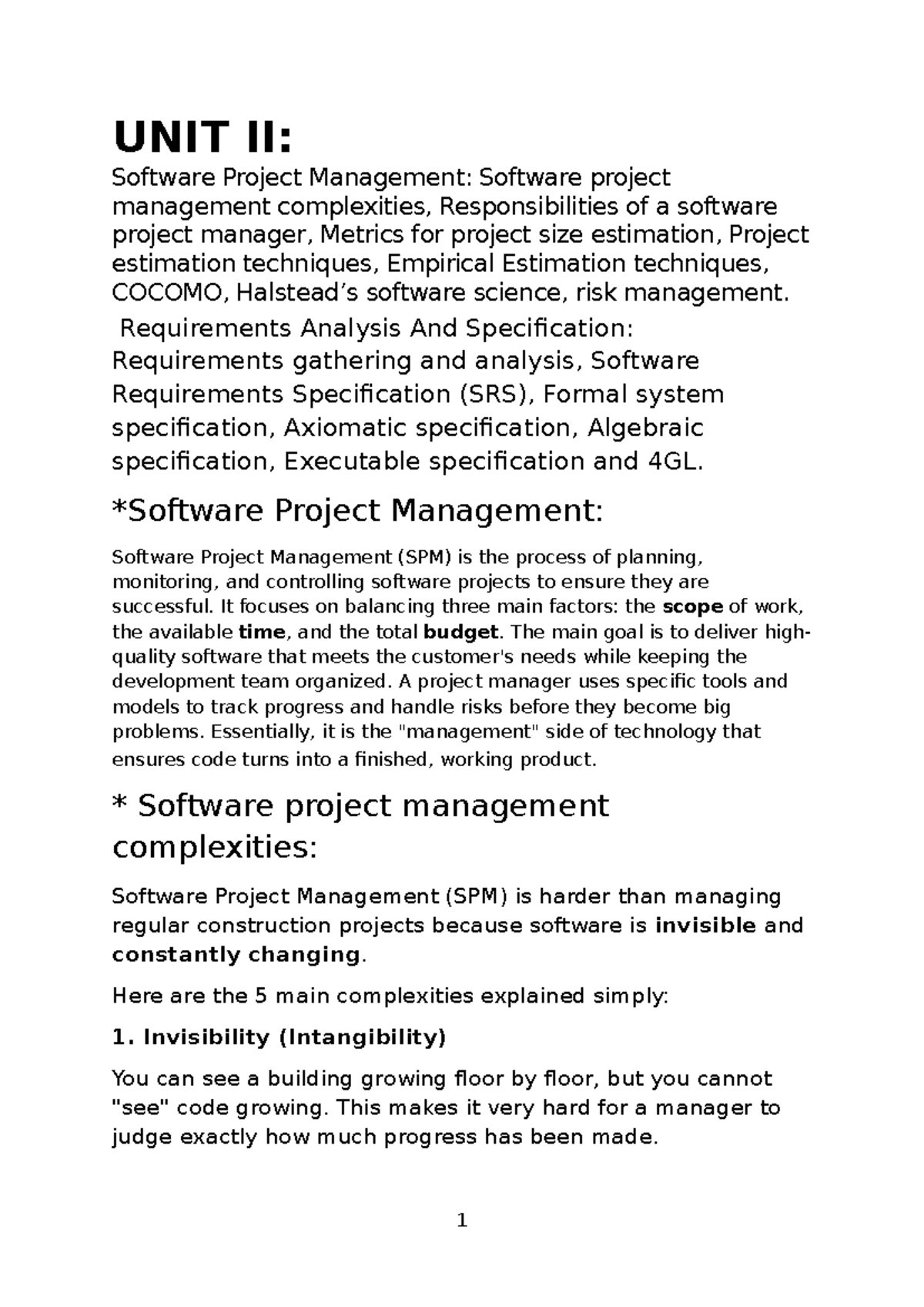 Software Project Management (SPM) Insights: Unit II Overview - Studocu