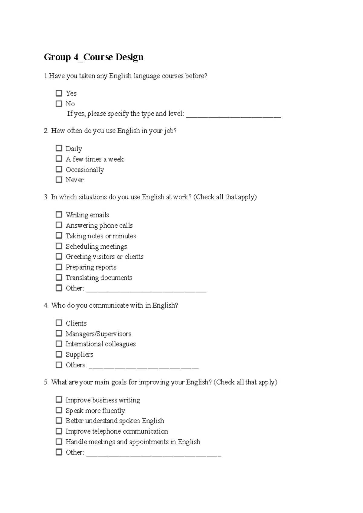 Group 4_Course Design: English Language Proficiency Questionnaire - Studocu