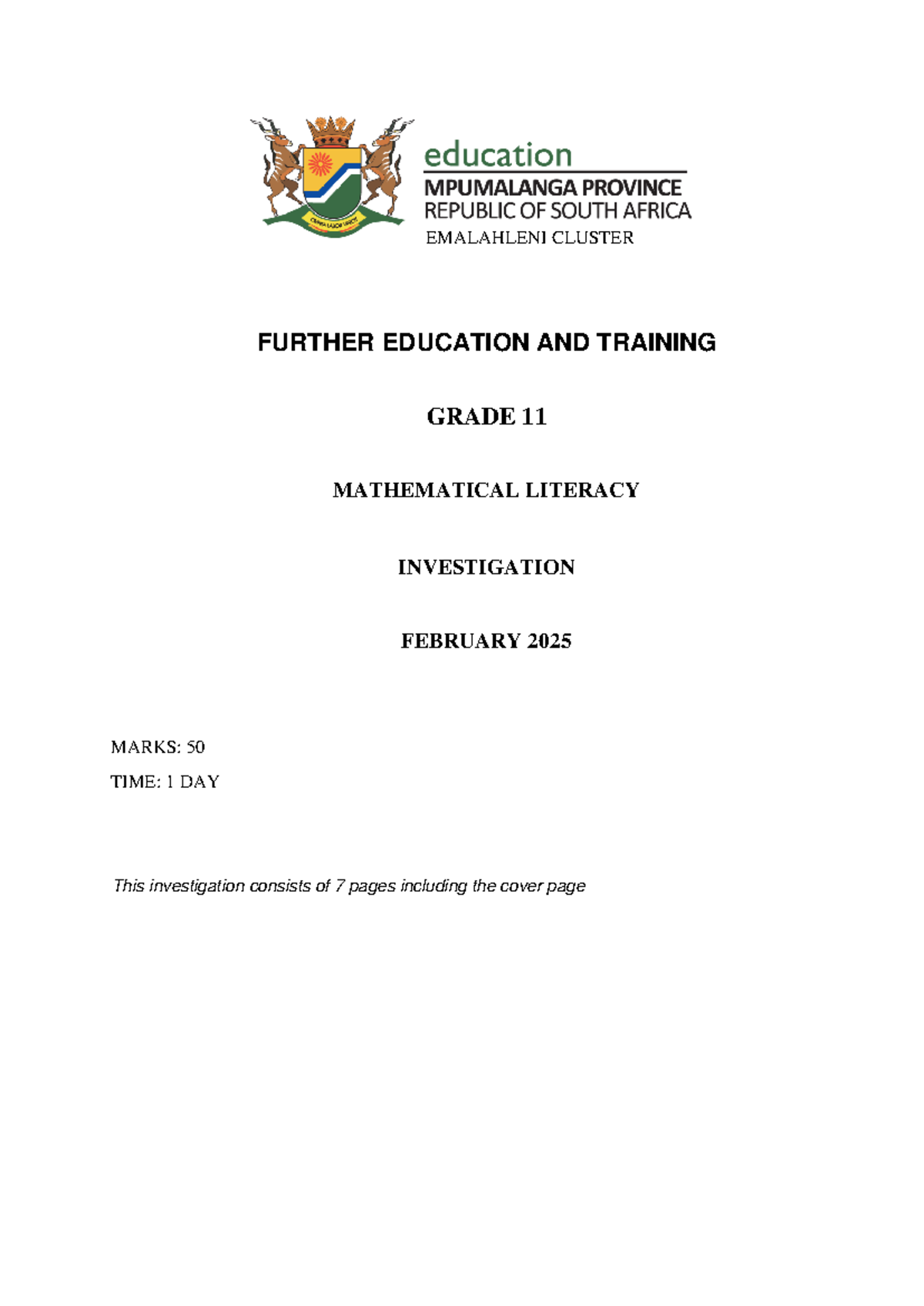 Grade 11 Mathematical Literacy Investigation - Term 1 2025 (50 Marks ...