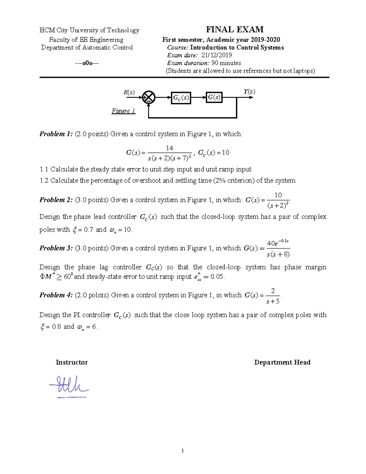 FINAL EXAM EE 101: Introduction to Control Systems Solutions - Studocu