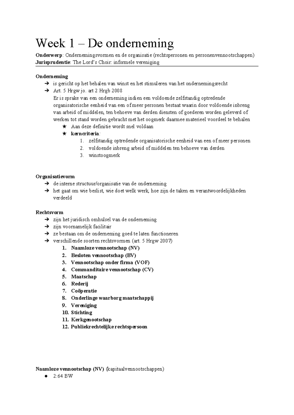 Week 1: Ondernemingsvormen en Organisatie in het Ondernemingsrecht ...