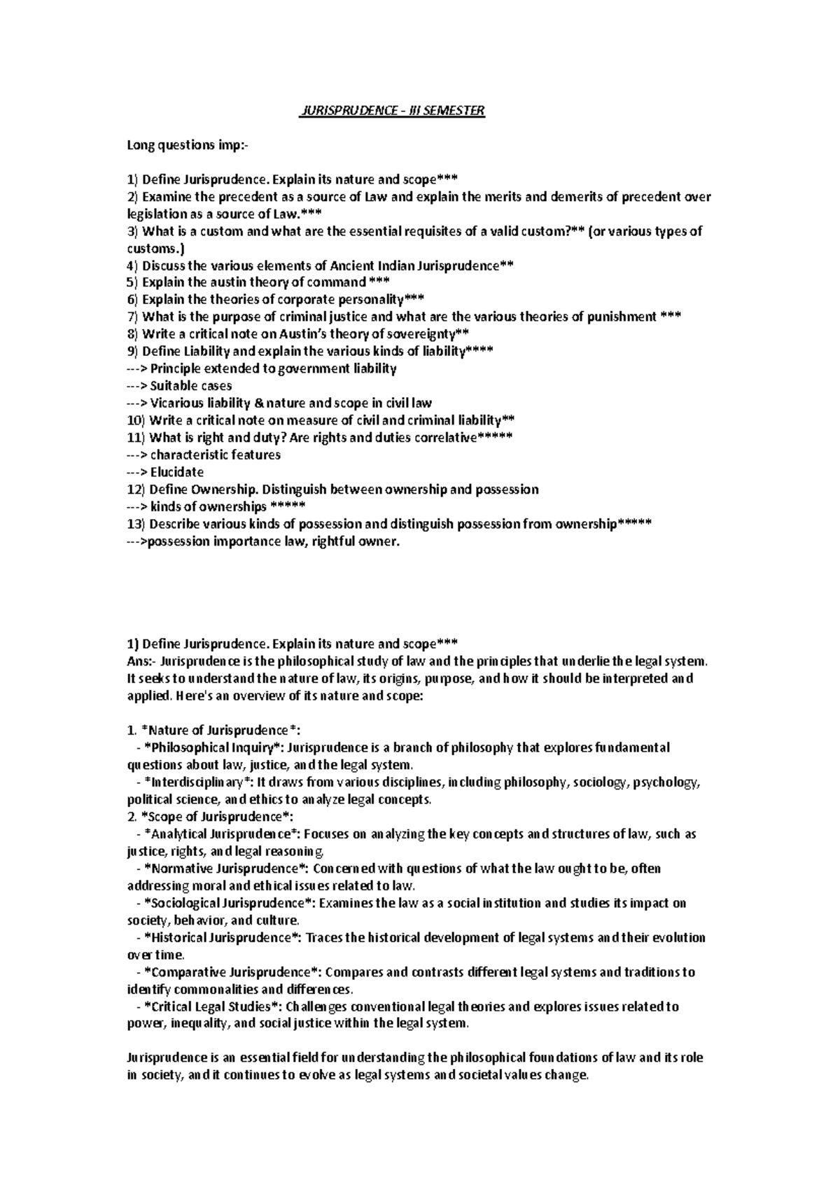 Jurisprudence - III Semester: Key Concepts and Long Questions Explained ...