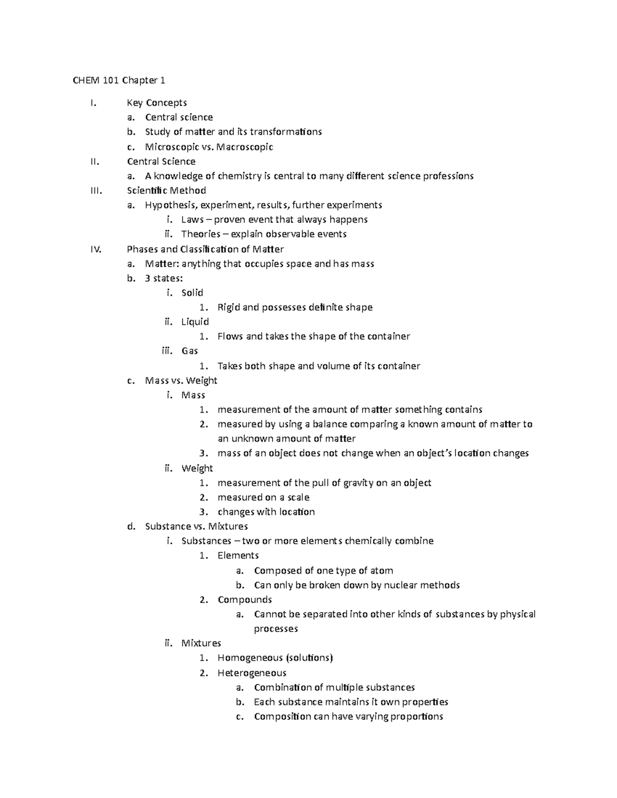 CHEM 101 Chapter 1 Notes: Key Concepts and Scientific Methods - Studocu