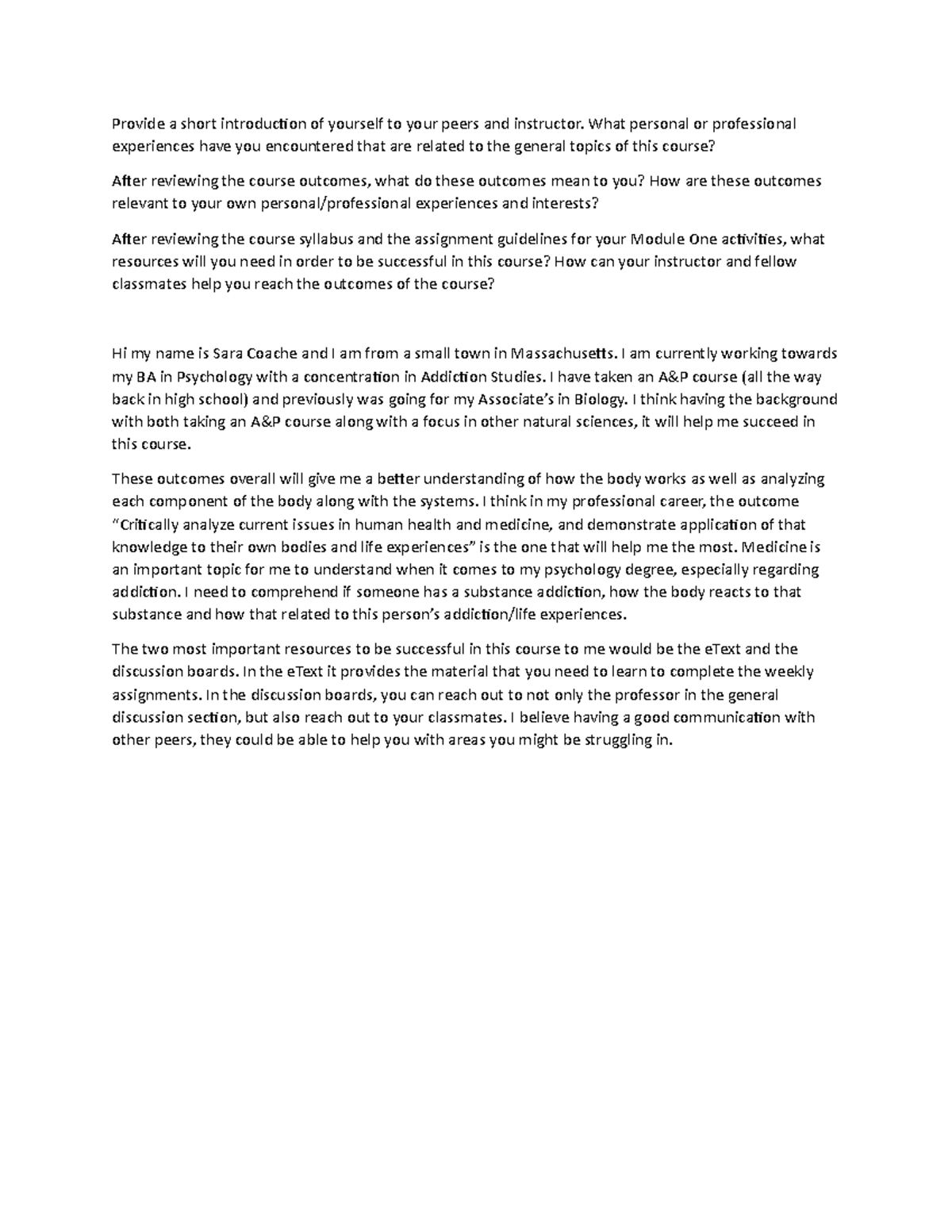 BIO 210 Week 1 Intro Discussion: Experiences and Course Outcomes - Studocu