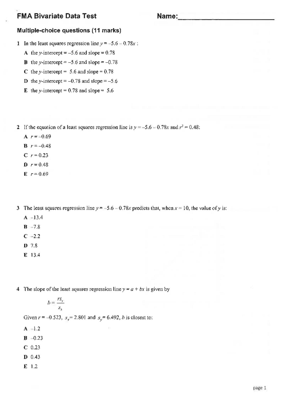 Bivariate Data Test FMA: Regression Analysis Questions - Studocu