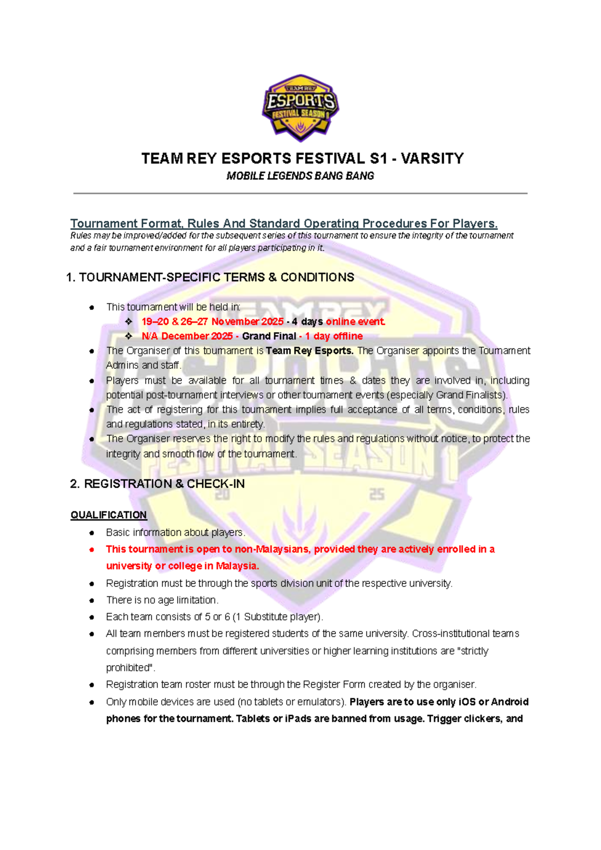 TEAM REY ESPORTS FESTIVAL S1 VARSITY - Tournament Rules & SOPs - Studocu