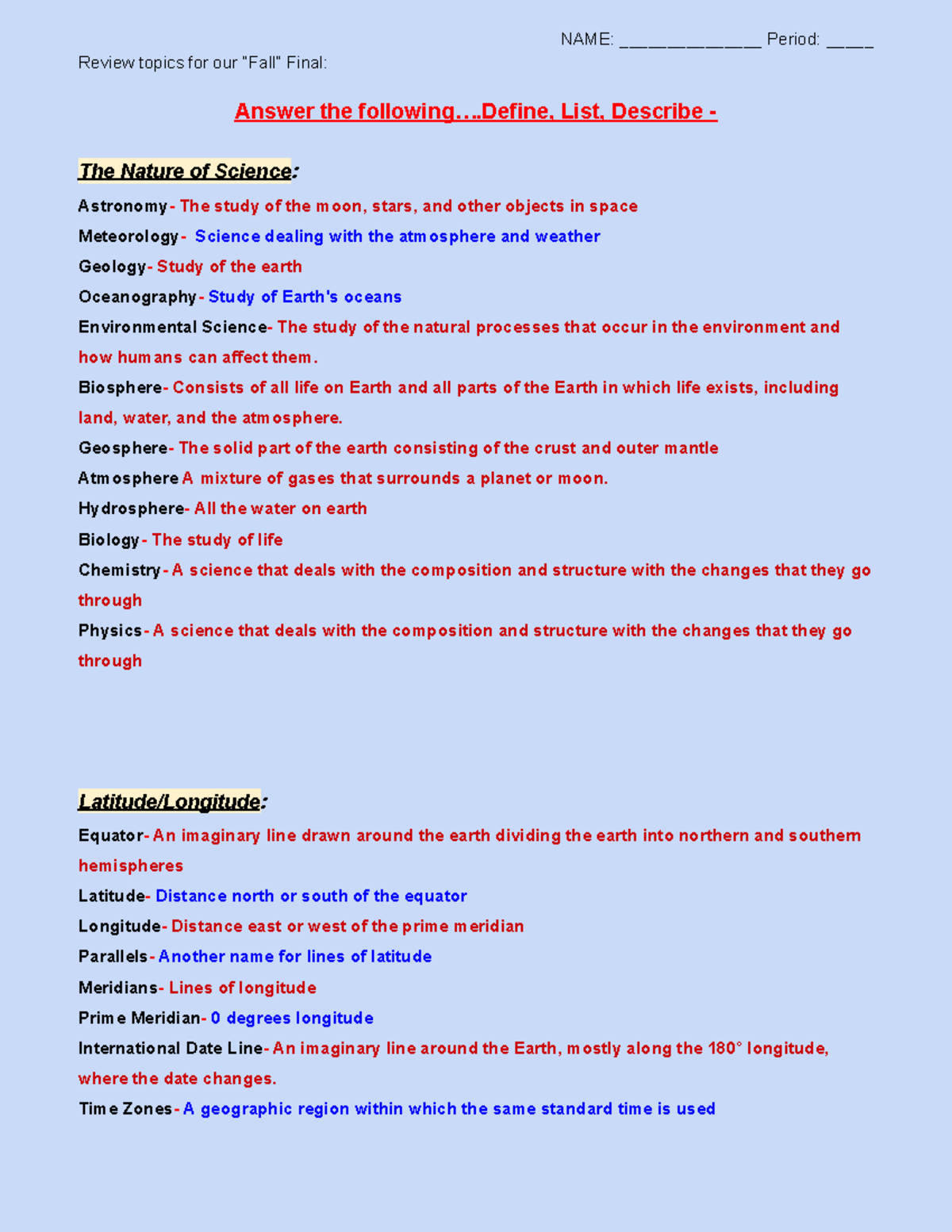 Geology and Earth Science: Fall 2024 Final Exam Review Notes - NAME ...