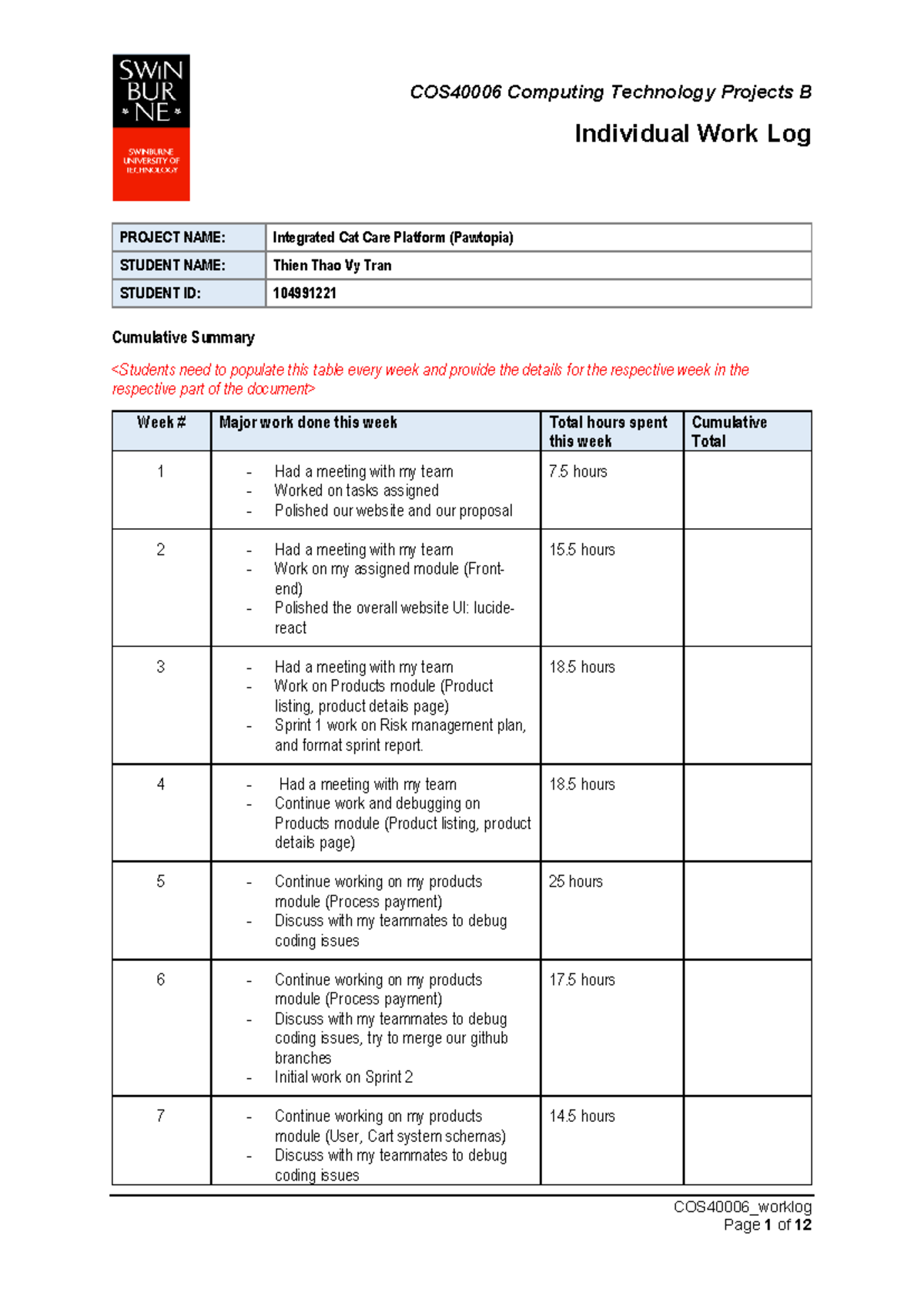 COS40006 Individual Work Log for Integrated Cat Care Platform Project ...