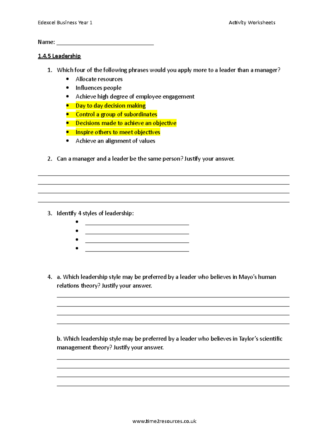 Edexcel Business Year 1 - 1.4.5 Leadership Activity Worksheet - Studocu