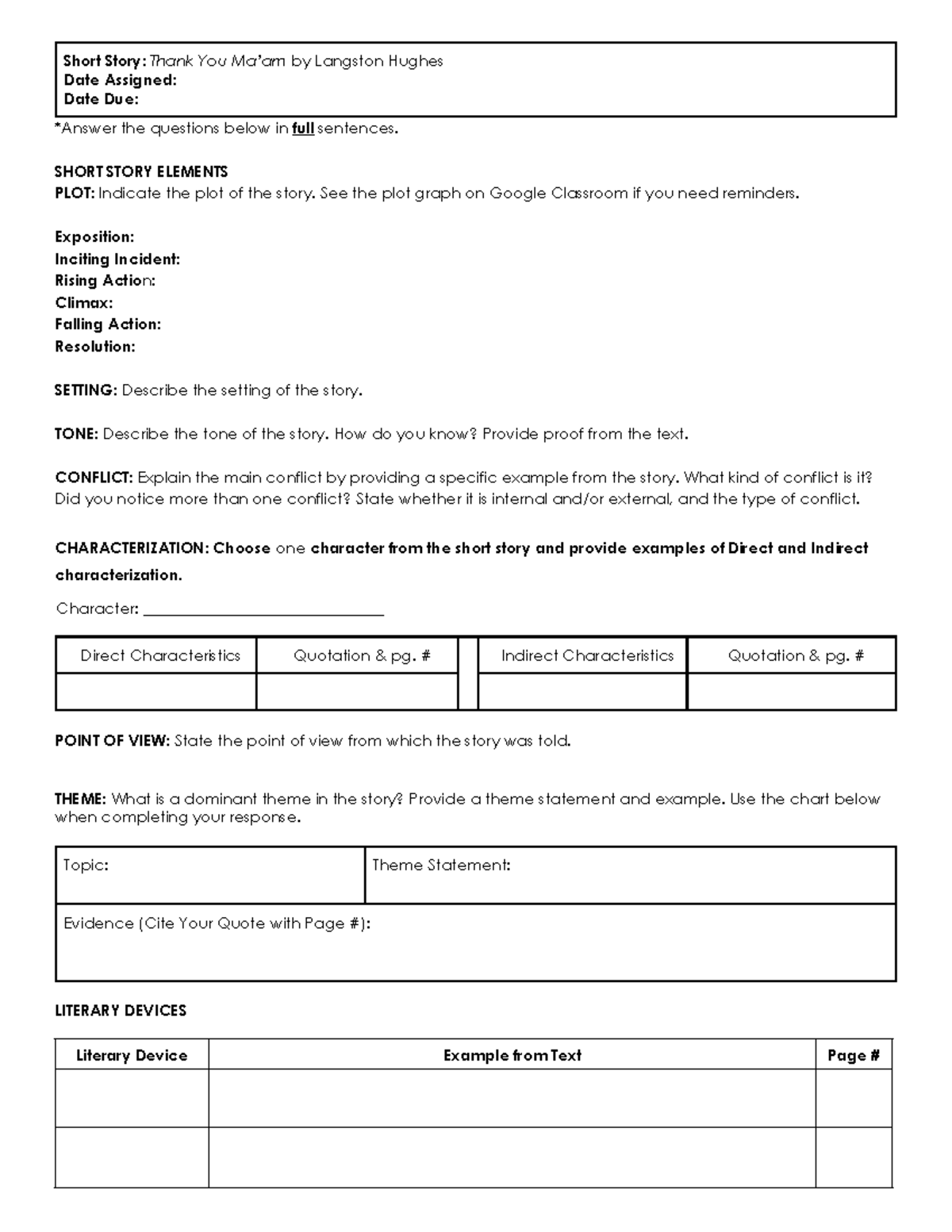 ENG 101: Short Story Analysis Worksheet for "Thank You, Ma'am" - Studocu
