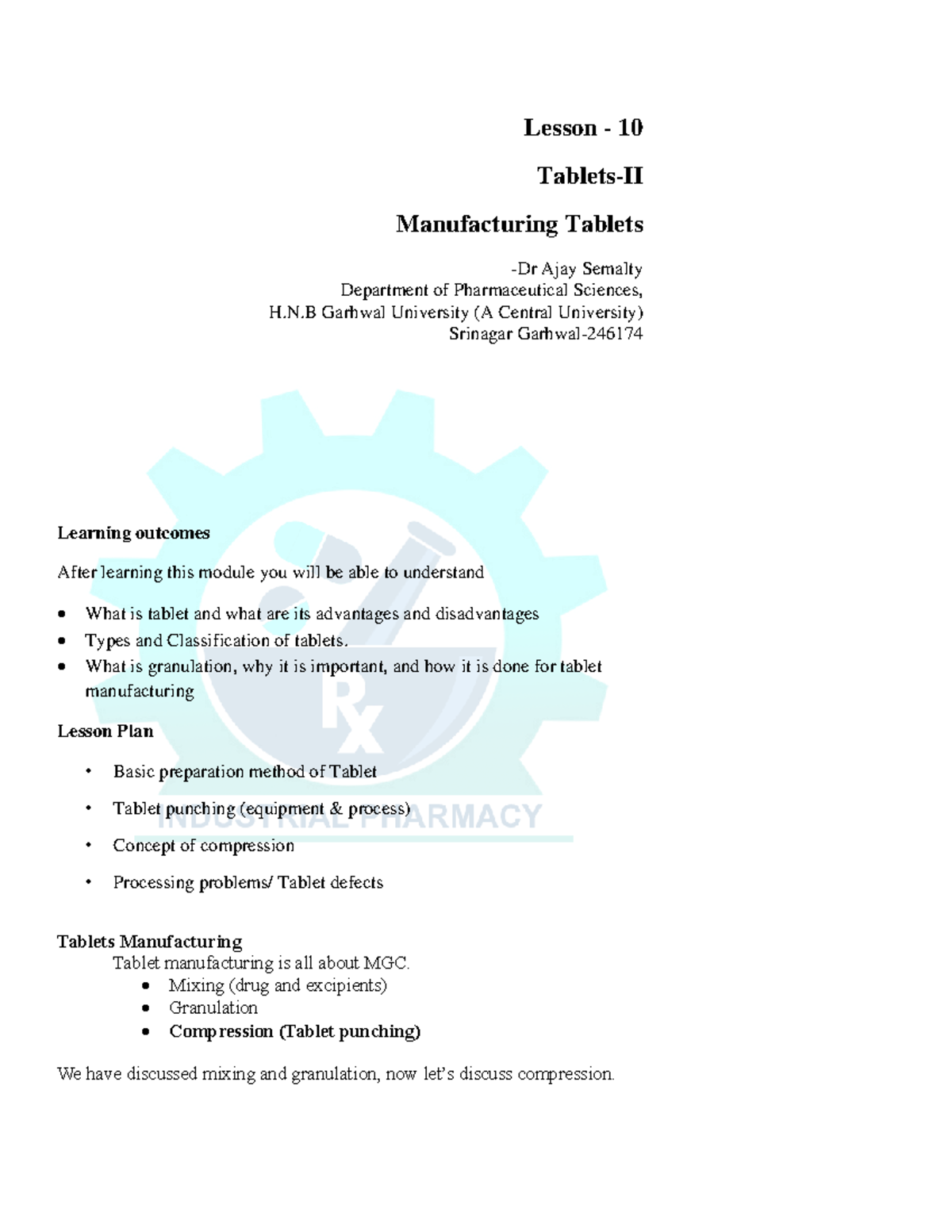 Tablets-II: Compression, Processing Issues & Defects in Manufacturing ...