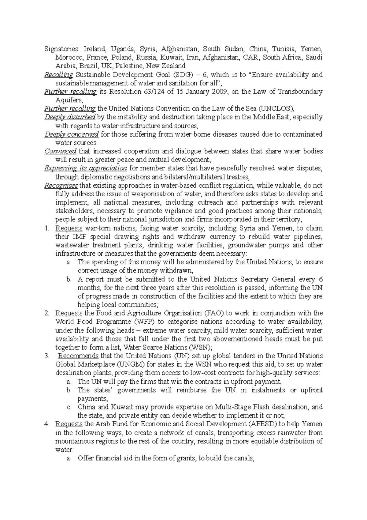 Resolution on Water Cooperation and Conflict Regulation DISEC HMUN ...