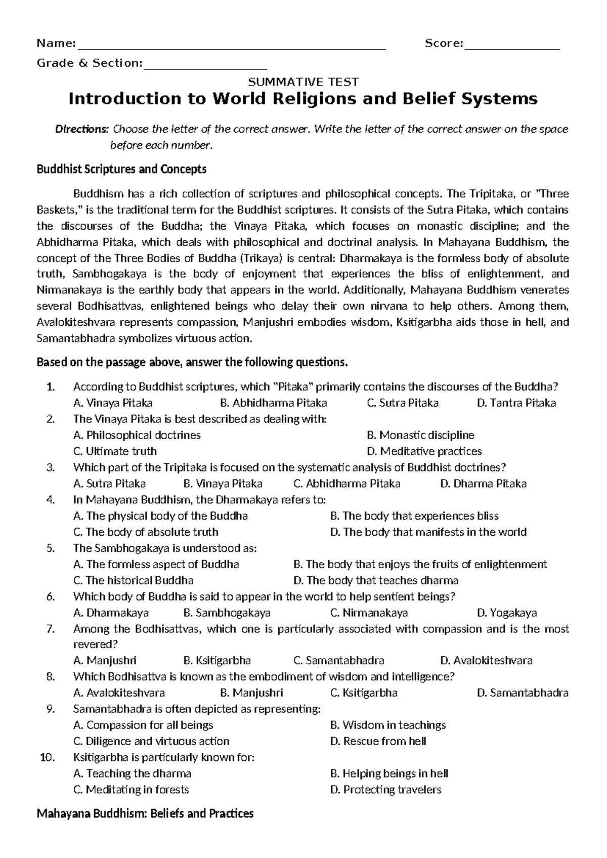 Grade Summative Test: Intro to World Religions Q2-WEEK1 - Studocu