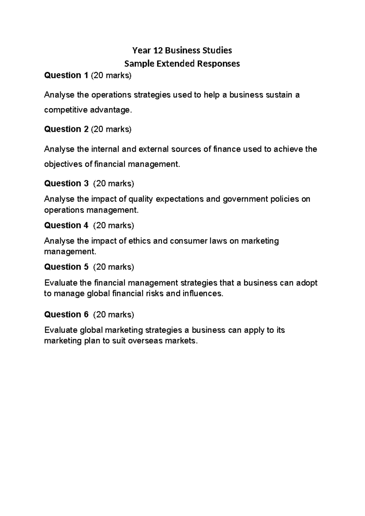 Year 12 Business Studies Extended Response Questions Analysis ...