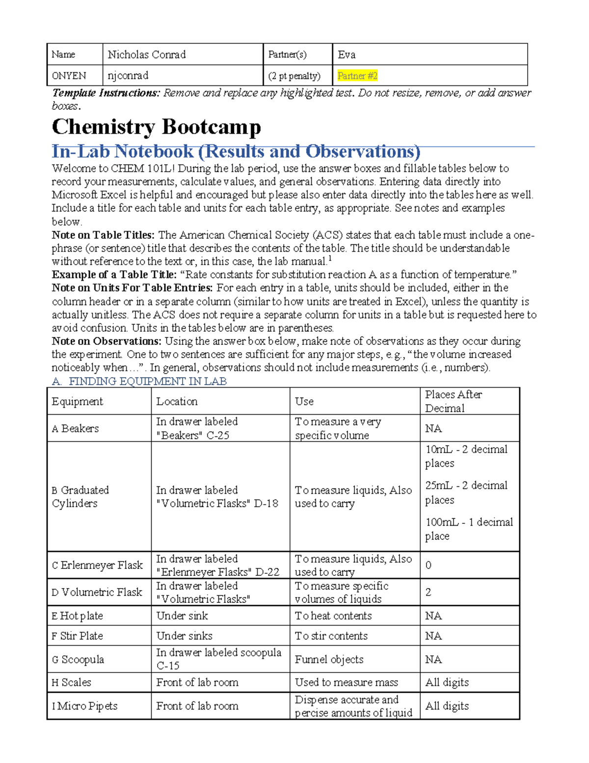 CHEM 101L In-Lab Notebook: Results & Observations Bootcamp Guide - Studocu