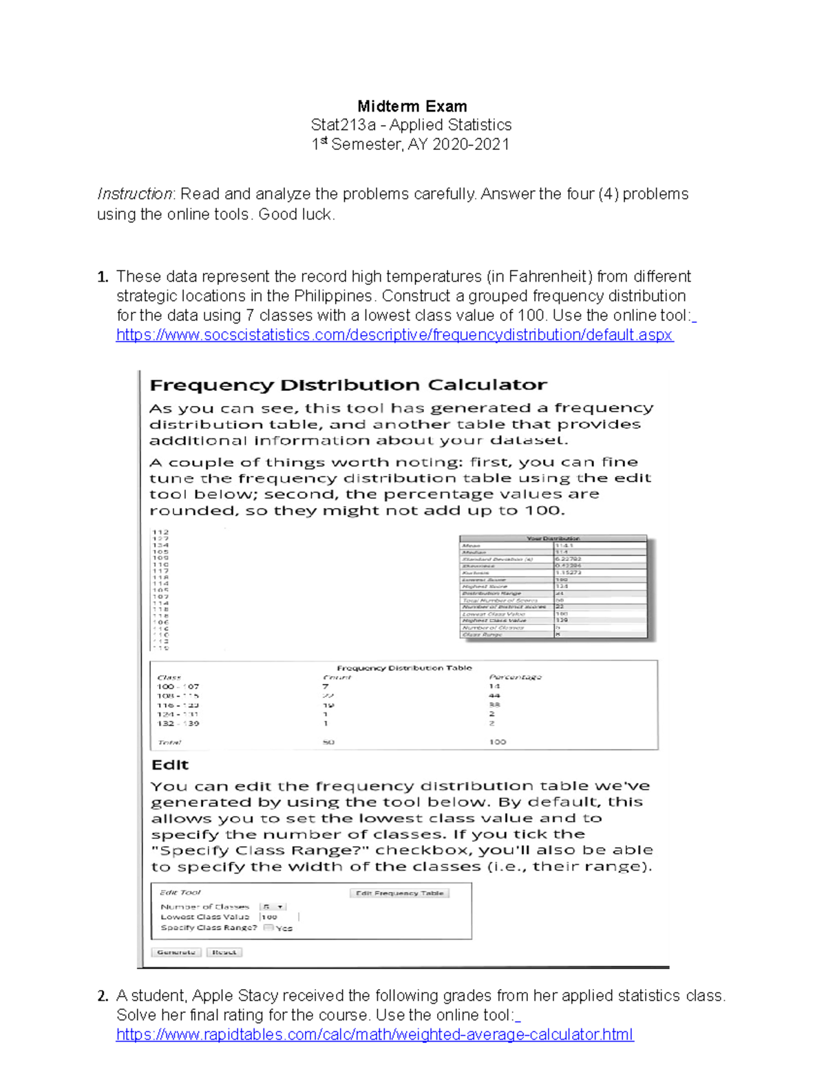 Applied Statistics ( Midterm) - Midterm Exam Stat213a - Applied ...