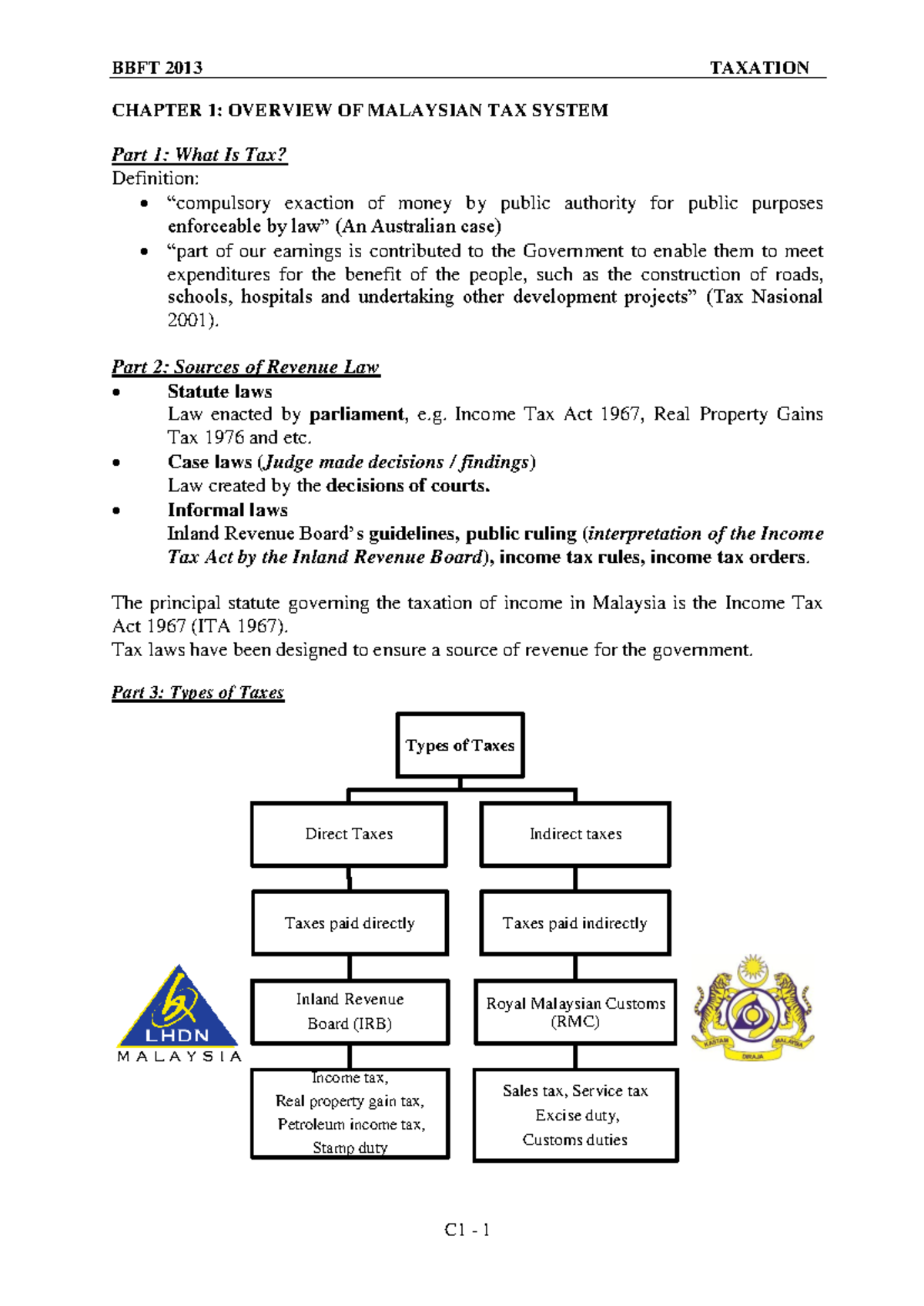 BBFT 2013 TAXATION CHAPTER 1: OVERVIEW OF MALAYSIAN TAX SYSTEM - Studocu