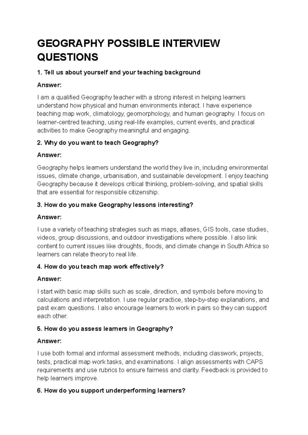GEOG 101: Possible Interview Questions for Geography Teaching - Studocu