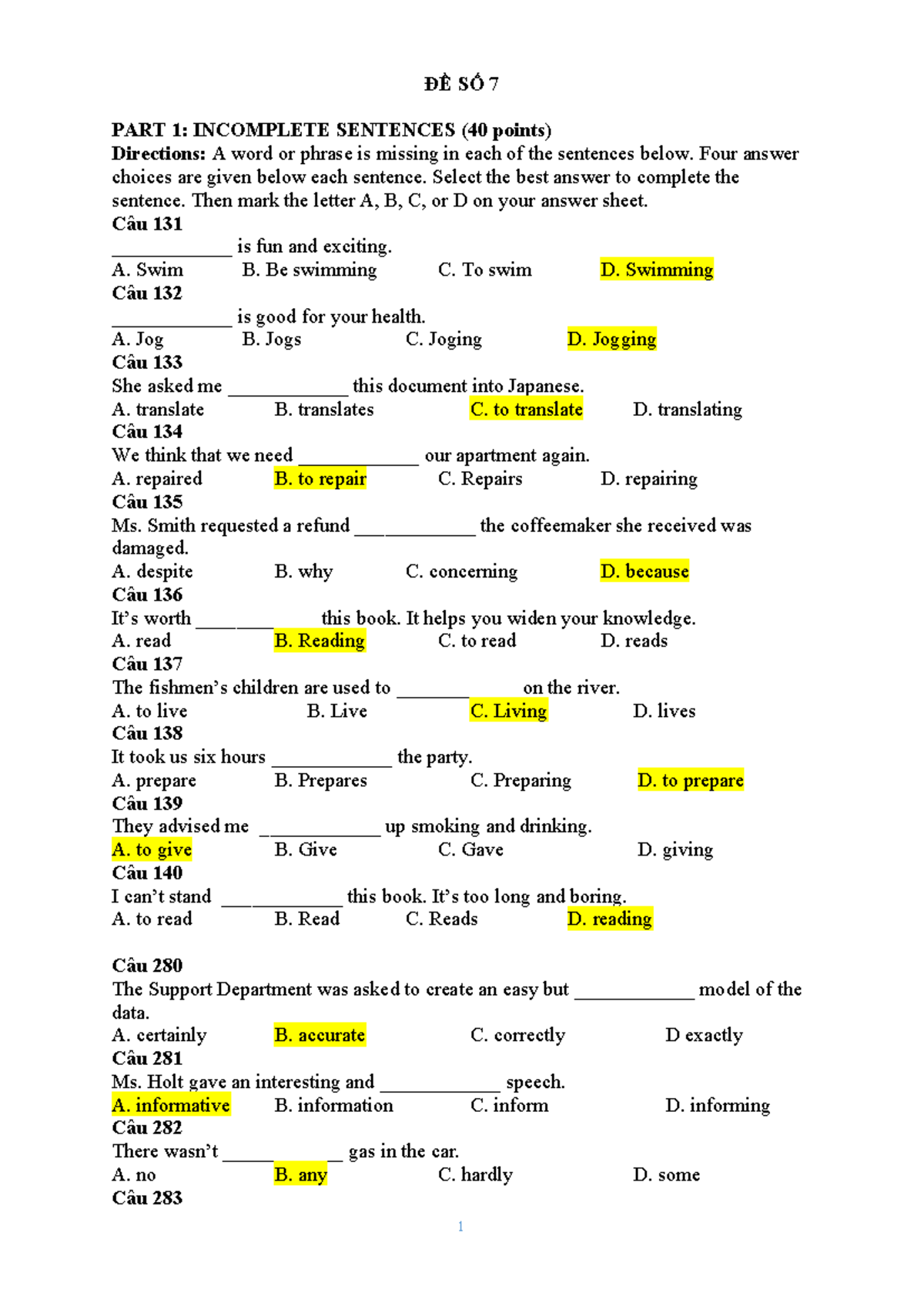 ĐỀ SỐ 7 - PART 1: INCOMPLETE SENTENCES (40 points) - Studocu