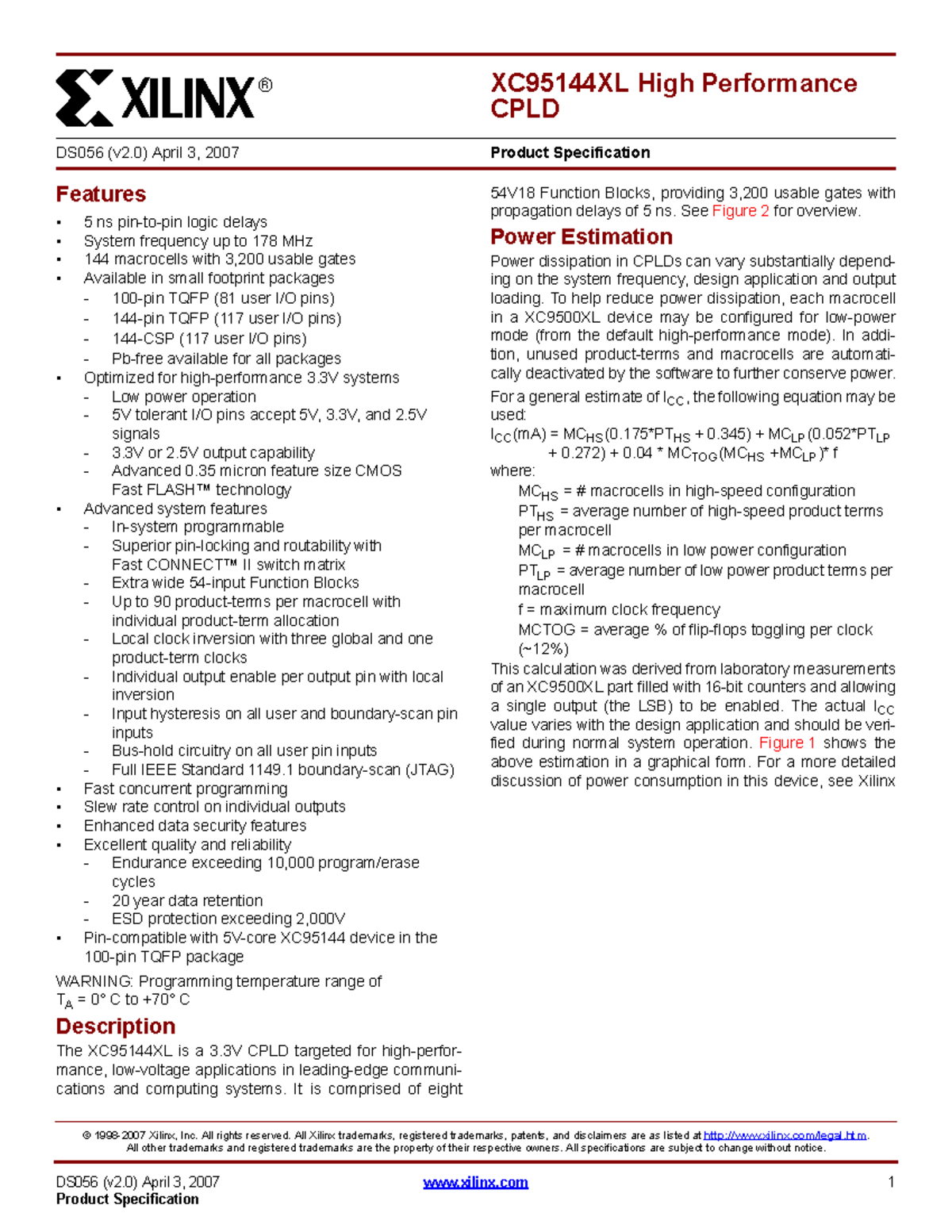 Datasheet for XC95144XL High Performance CPLD (DS056 v2.0) - Studocu