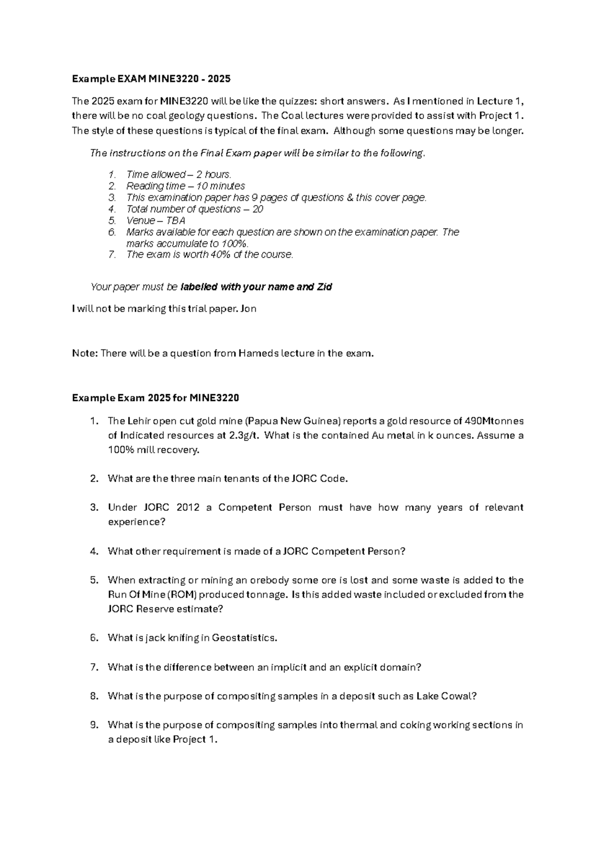 2025 Final Exam Guide for MINE3220: Key Topics & Format - Studocu
