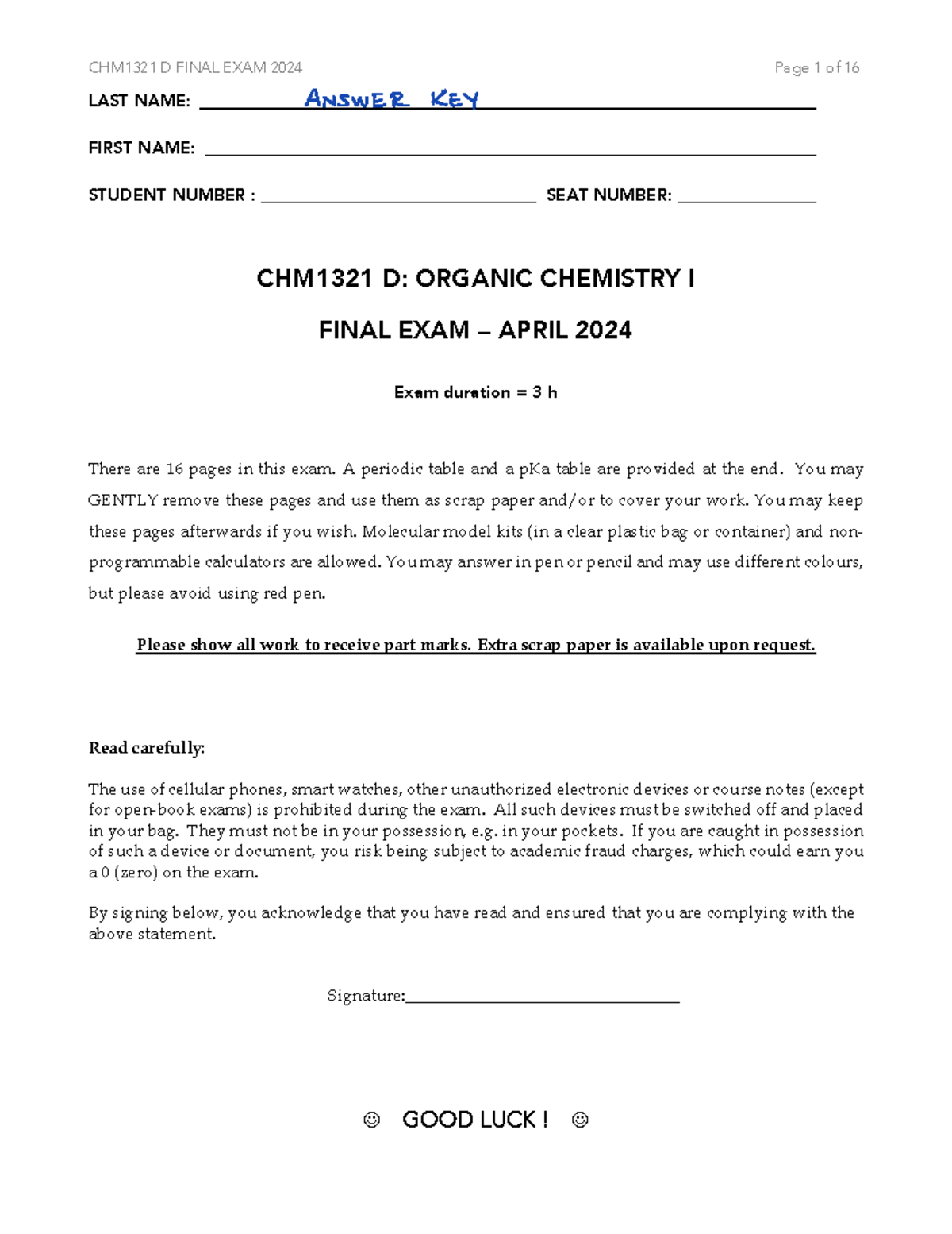 2024 CHM1321 D - Organic Chemistry I Final Exam Review Guide - Studocu